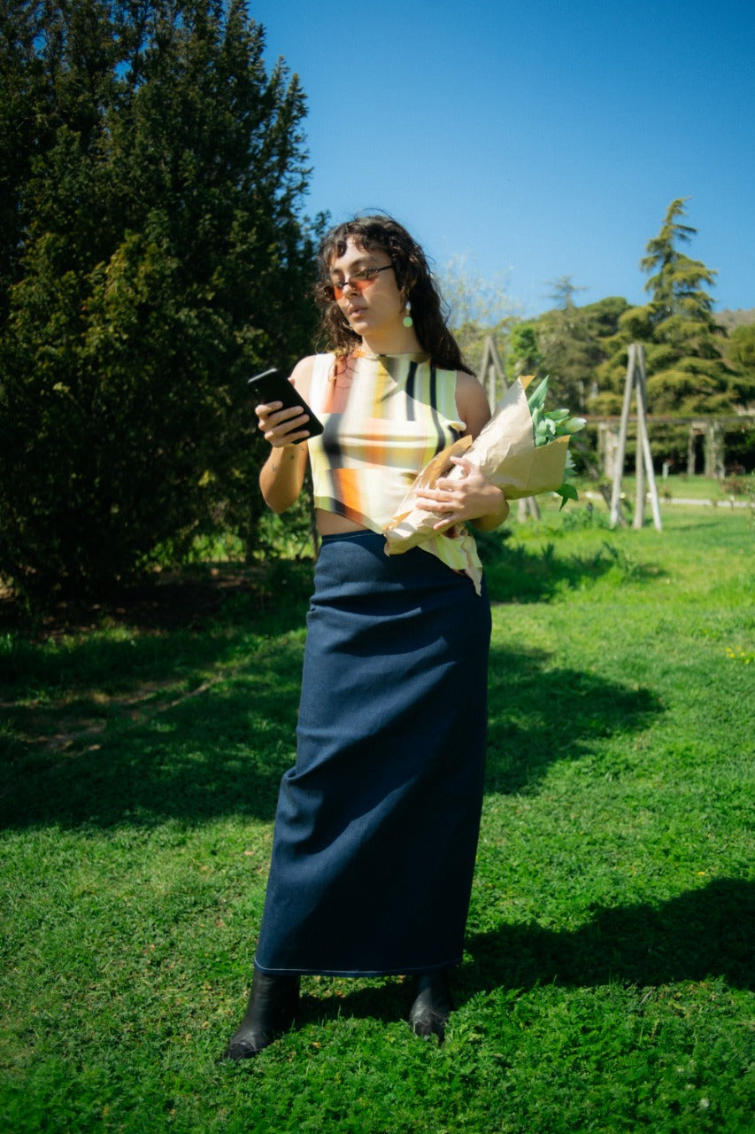 long denim skirt, sustaianble fashion, slow fashion skirt, denim skirt